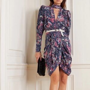 Isabel Marant Batoa Dress Navy Pink Floral Silk Crepe Long Sleeved Neck Tie NWOT